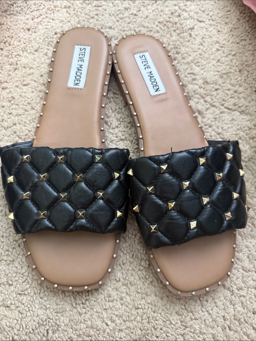 Steve Madden Black Quilted Slide Sandals with Gold Stud Accents